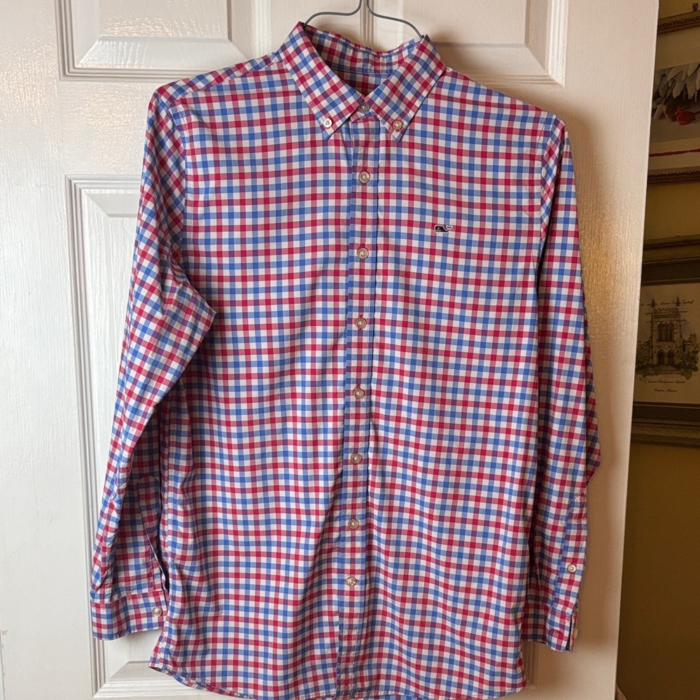 Vineyard Vines Performance Boys Red, Blue & White Checked Button-Down Shirt